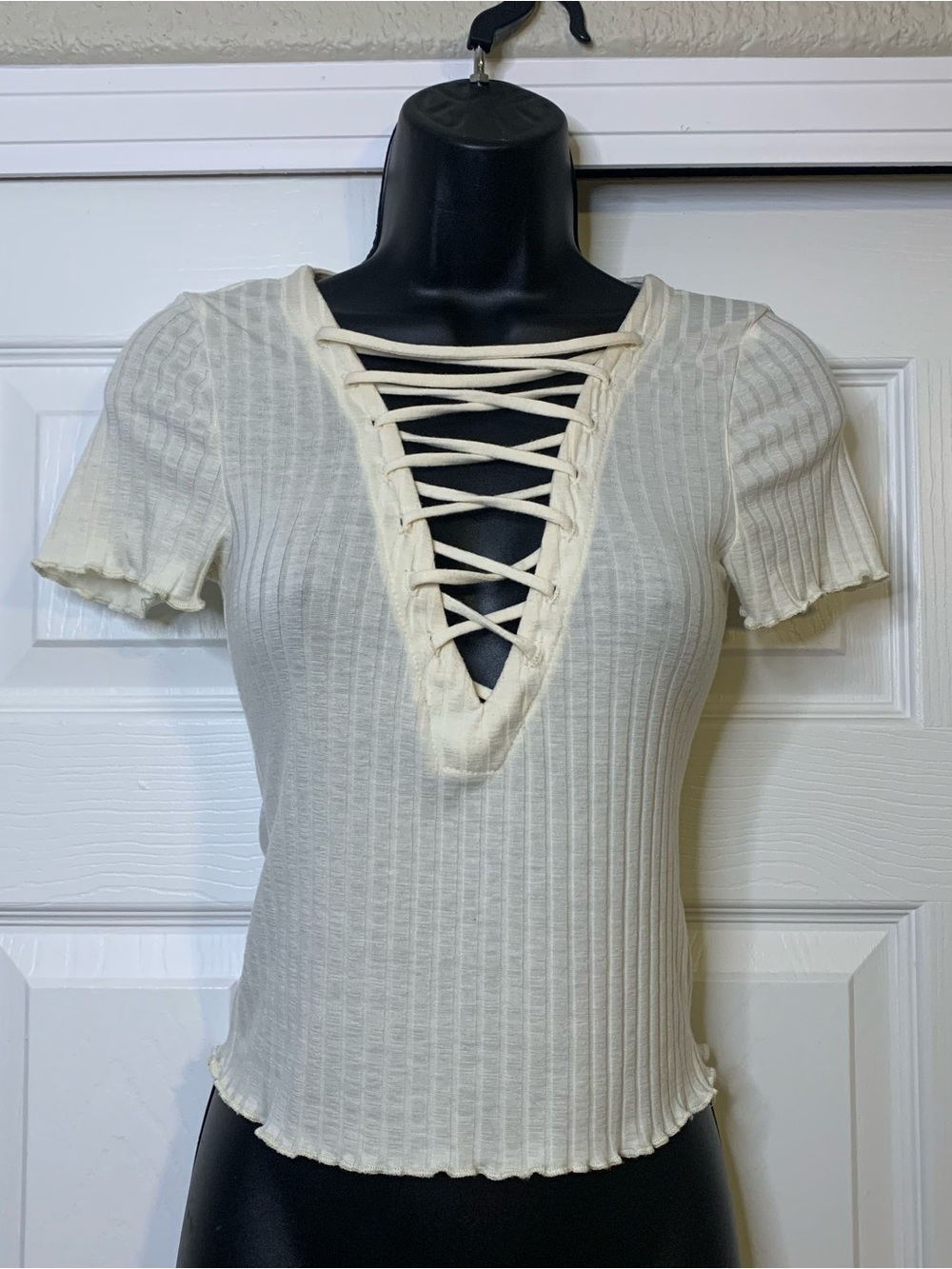 Project Social T x Urban Outfitters Ribbed Creme Lace Up Top